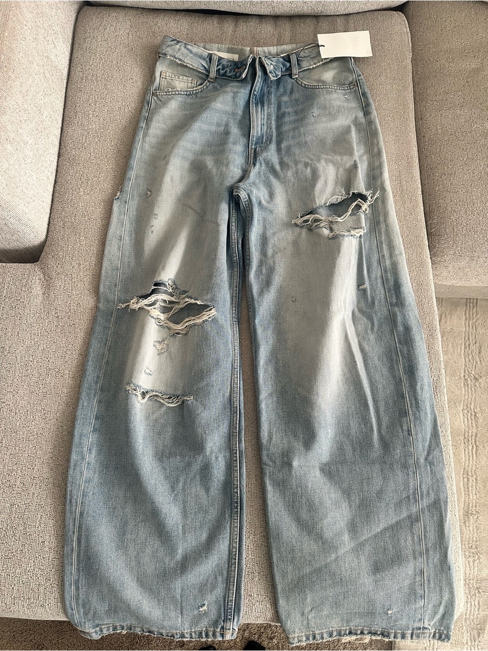 Zara Light Blue Distressed Folded Waist Wide-Leg Jeans NWT